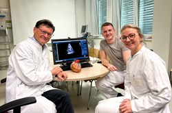 v. r. n. l.: Prim. Univ.-Prof. Dr. Gerald Tulzer, OA Priv.-Doz. Dr. Andreas Tulzer, Ph.D., OÄ Dr.in Iris Scharnreitner vor einem Bildschirm mit Herzmodell