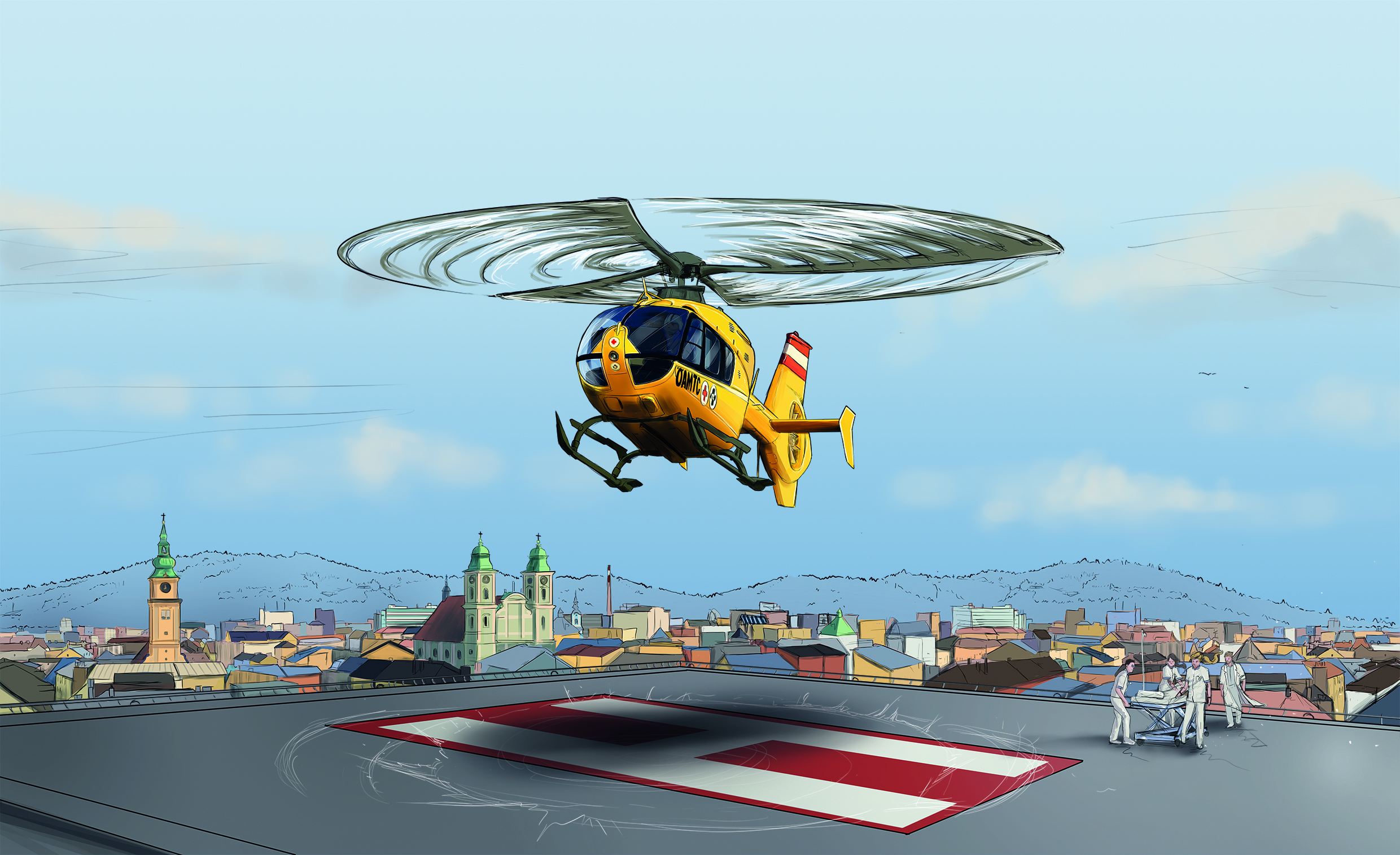 Hubschrauber in Landeanflug - Pflegekampagne OÖG