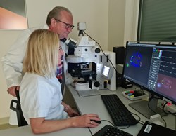 Prim. Hans-Christoph Duba und BMA Karin Kirchmayr-Ranzinger im Institut für Medizinische Genetik