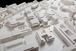 Modell des Geländes Med Campus inklusive Neubau Kinderzentrum und Betriebsküche mit Mitarbeiterinnen- und Mitarbeiterrestaurant