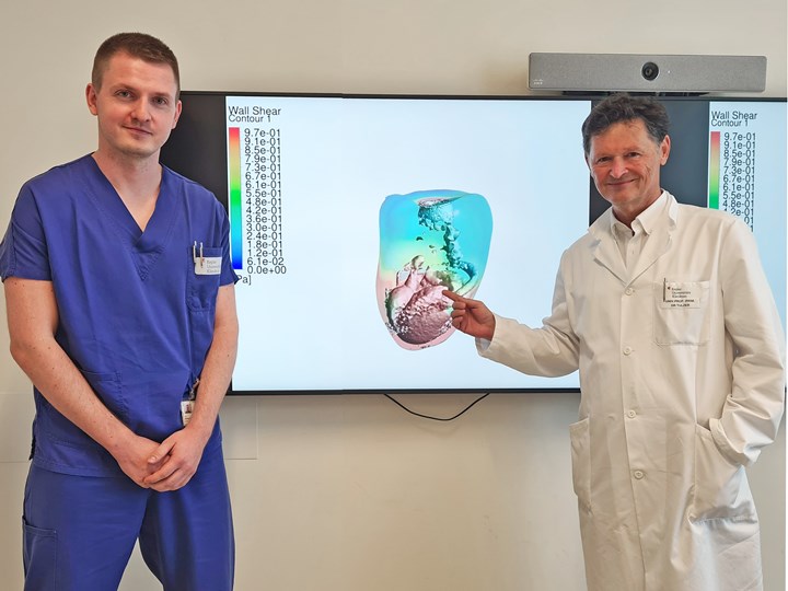 Prim. Univ.-Prof. Dr. Gerald Tulzer (rechts im Bild) zeigt digitale Herzkammer auf Bildschirm, OA Dr. Andreas Tulzer, PhD links im Bild