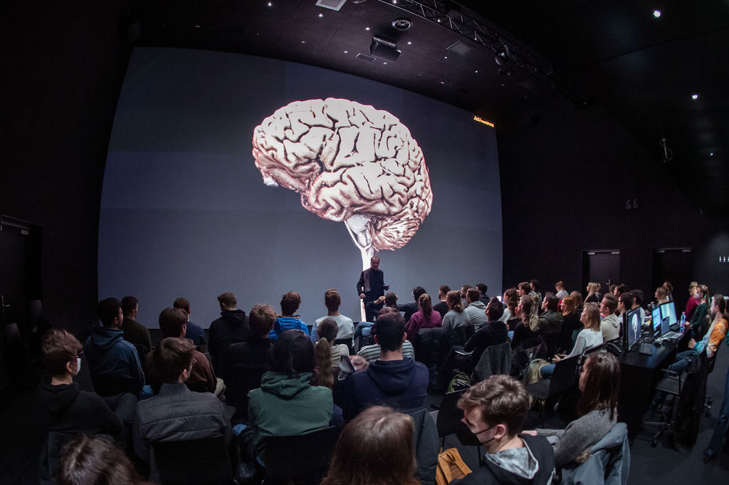 Aufnahme von der Lehrveranstaltung "Virtuelle Anatomie" zum Thema Gehirn mit Prof. Fellner
