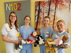 Mitarbeiterinnen mit Roboter-/Kuscheltieren sowie Puppen für Patientinnen und Patienten