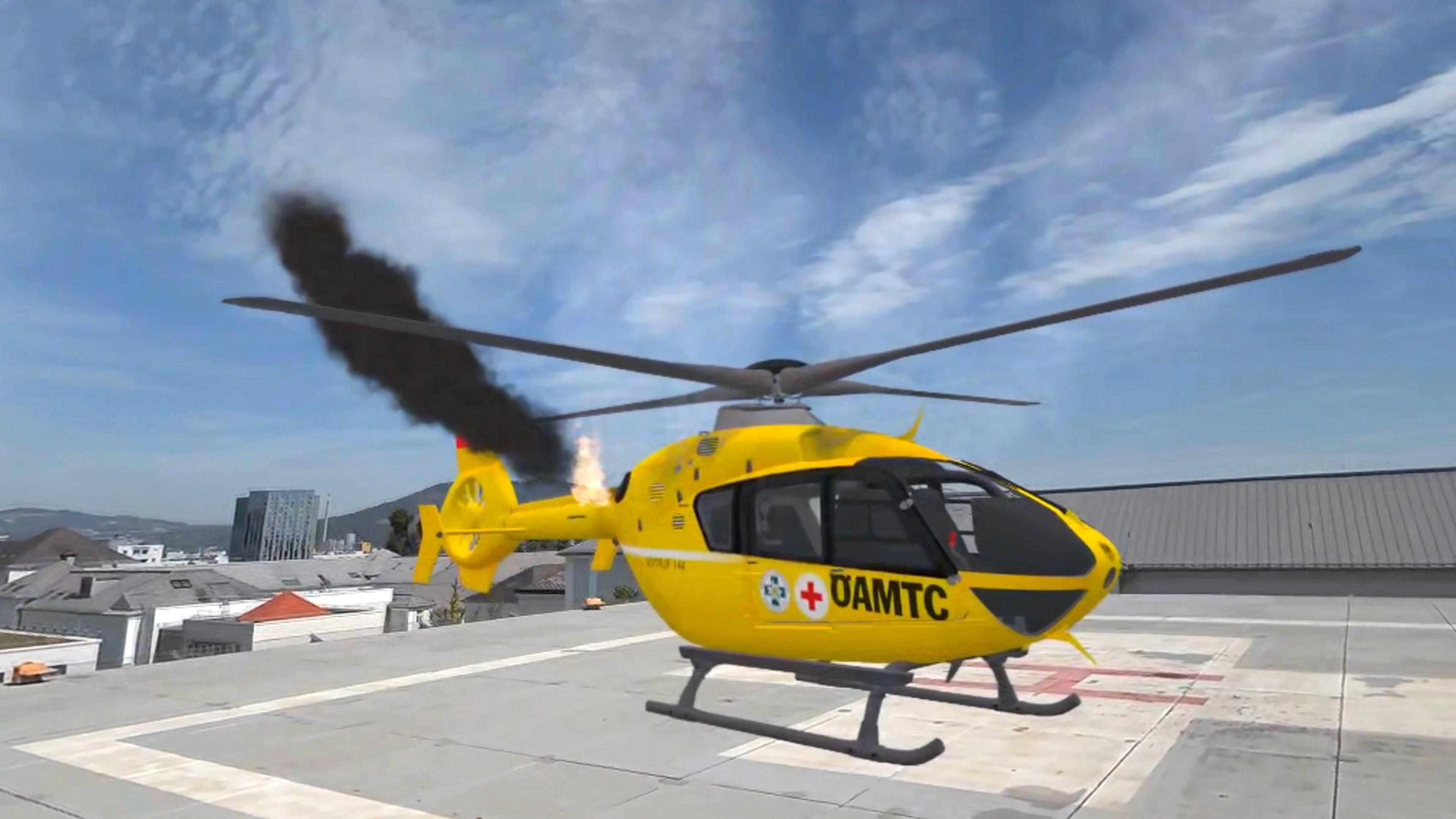 Virtuell dargestellter brennender Helikopter