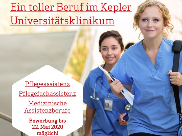 Grafik mit Bild einer Studierenden und Text "Gesundheits- und Krankenpflege - ein toller Beruf im Kepler Universitätsklinikum"