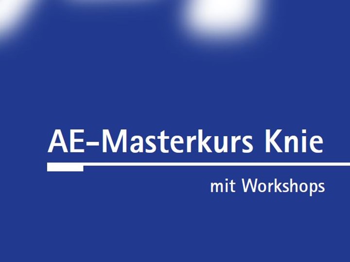 Text "AE-Masterkurs Knie mit Workshops" auf blauem Hintergrund